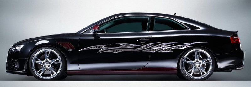 metal flame stripe decal on black sports car